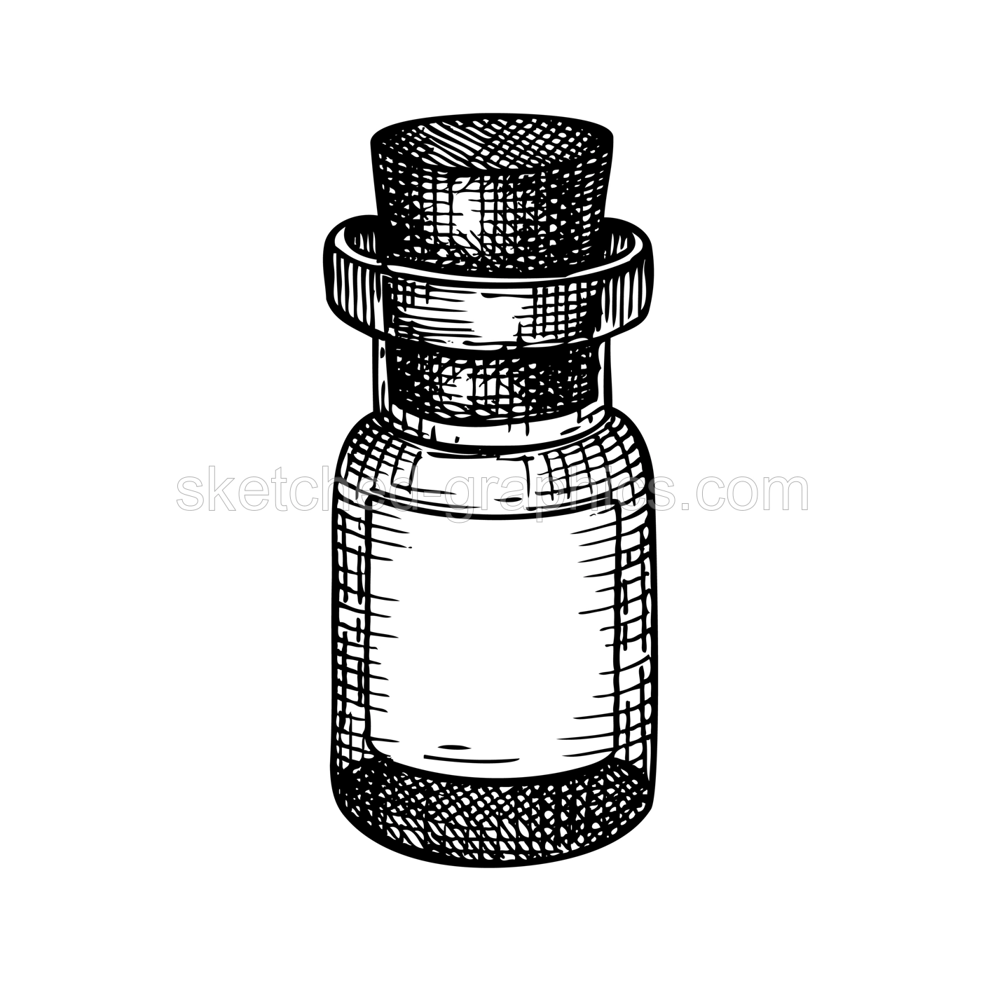 Little glass bottle hand-sketched illustration. Glassware drawing for alchemy, medicine, cosmetics, or perfume. Chemical laboratory equipment sketch. Glass flask with place for text Illustration